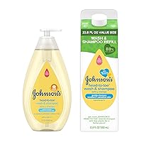 Johnson's Baby Head to Toe Baby Bath Starter Kit, Hypoallergenic Wash & Shampoo for Baby's Sensitive Skin & Hair, Baby Bath Bottle, 27.1 fl. Oz, and Value Size Baby Wash Refill Pack, 33.8 fl. Oz