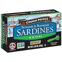 Crown Prince Skinless & Boneless Sardines in Olive Oil, EZ Peel lid w/Trident, 4.37 oz cans (Pack of 12)