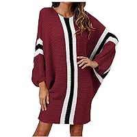 Women Striped Pullover Sweater Dress Oversized Dolman Sleeve Knit Jumper Dress Loose Contrast Color Mini Dresses