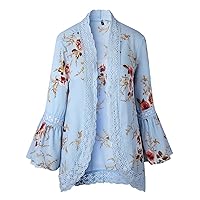 PEHMEA Women's Casual Kimono Tops Floral Print Open Front Chiffon Beach Cardigans Cover Ups