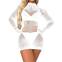 FEESHOW Women's Backless Fishnet Mini Bodycon Dress Sexy Evening Party Clubwear Slim Mini Dress White One Size
