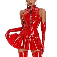 YiZYiF Women Wet Look Leather High Neck Zip Up Front Skater Mini Flared Dress Club Wear Party Dresses