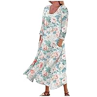 Sun Dresses for Women Casual, Short Dress Dress with Pockets Ladies Casual Floral Print Three Quarter Sleeve Pocket Dress Women Casual Dress Long Sleeve Prom Dress(Green,5XL)
