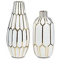 Signature Design by Ashley Mohsen Honeycomb Ceramic 2 Piece Bottle Neck Vase Set, White & Gold