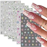 6PCS Flower Nail Art Stickers 3D Self-Adhesive Nail Art Supplies Floral Daisy Nail Decals Spring Summer Floral Leaf White Petals Flowers Spring Nails French Sticker for Manicure Nail Art Decoration