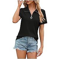 Women Zipper T Shirts Casual Lapel Summer Tops Loose Fit Dressy Work Shirt Solid Color Classy Blouses Comfort T-Shirt