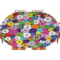 Flower Oval Table Cloth, Floral Vivid Pattern with Colorful Flowers Daisies Wildflowers Cheerful Natural, Indoor Dining and Outdoor Patio Festival Use, Fits 42