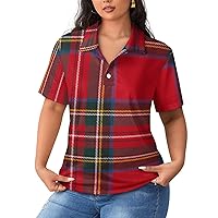 Red Tartan Design Women's Sport Shirt Short Sleeve Golf T-Shirt Tennis Quick Dry Casual Tops Print Work Shirt