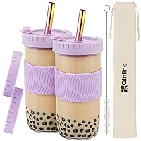 Reusable Boba Cup Bubble Tea Cup 2 Pack, 24Oz Wide Mouth Smoothie Cups with Lid, Silicone Sleeve & Angled Wide Straws, Leakproof Glass Cups Mason Jar Drinking Glasses Water Bottle Gift for Large Pearl