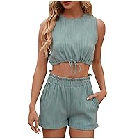 2 Piece Outfits for Womens Pleated Sleeveless Drawstring Crop Tops and Ruffle Elastic Waist Shorts Solid Lounge Sets