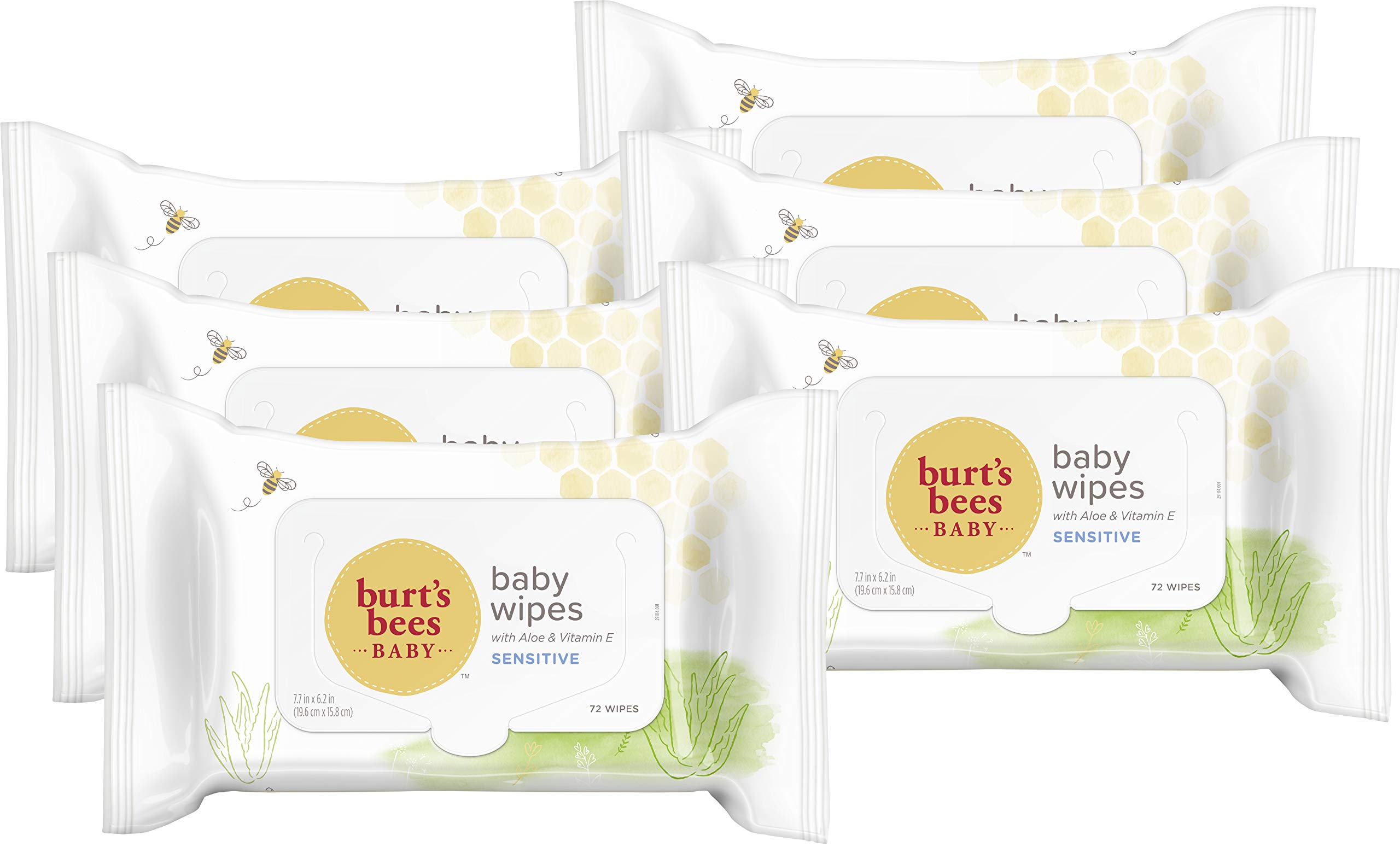 Burt's Bees Baby Wipes, Unscented Towelettes for Sensitive Skin, Hypoallergenic & Non-Irritating, All Natural with Soothing Aloe & Vitamin E, Fragrance Free, 6 Flip-Top Packs (432 Wipes Total)
