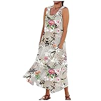 Spring Dresses for Women Casual Comfortable Floral Print Sleeveless Cotton Pocket Dress