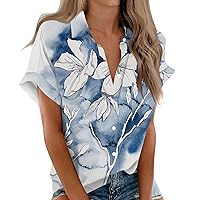 Fall Office Short Sleeve Shirt Women Pop Hanky Hem V Neck Button Down Blouse Soft Polyester Printed Fitted Blue XXL