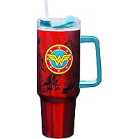 Spoontiques - Stainless Steel Travel Mug with Handle - 40 oz Capacity - Double Wall Stainless Steel with Sliding Lock Travel Lid - 11” Tall - Wonder Woman