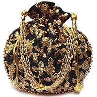 Indian Embroidered Black Velvet Sequence Work Potli Bag with Pearls Handle Purse Party Wear Ethnic Clutch for Women