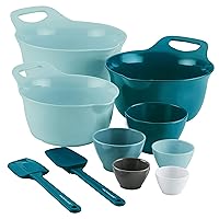 Rachael Ray Tools and Gadgets Mix and Measure Cooking / Baking Prep Set with Mixing Bowls, Measuring Cups, and Tools - 10 Piece, Light Blue and Teal