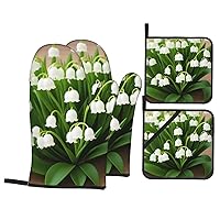 Oven Mitts and Pot Holders Sets of 4 for Kitchen, Heat Resistant Non-Slip Waterproof Oven Gloves and Hot Pads for Cooking, Baking, Grilling, BBQ - Lilies of The Valley
