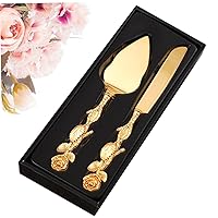 Cake Cutting Set for Wedding Gold Cake Cutter and Server Set with Rose Handle Elegant 2Pcs Cake Serving Set Gift for Party Kitchen Items