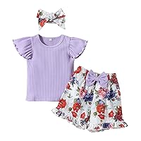 New Born Girls Set Toddler Kids Girl Clothes Infant Soild Ribbed Ruffle Sleeve Top Floral Prints (Purple, 12 Months)