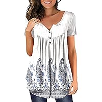 Women's Tops Summer Color Block Short Sleeve Tunic Top Casual Plus Size Buttons Up Ruffles Curved Hem Blouse Shirts