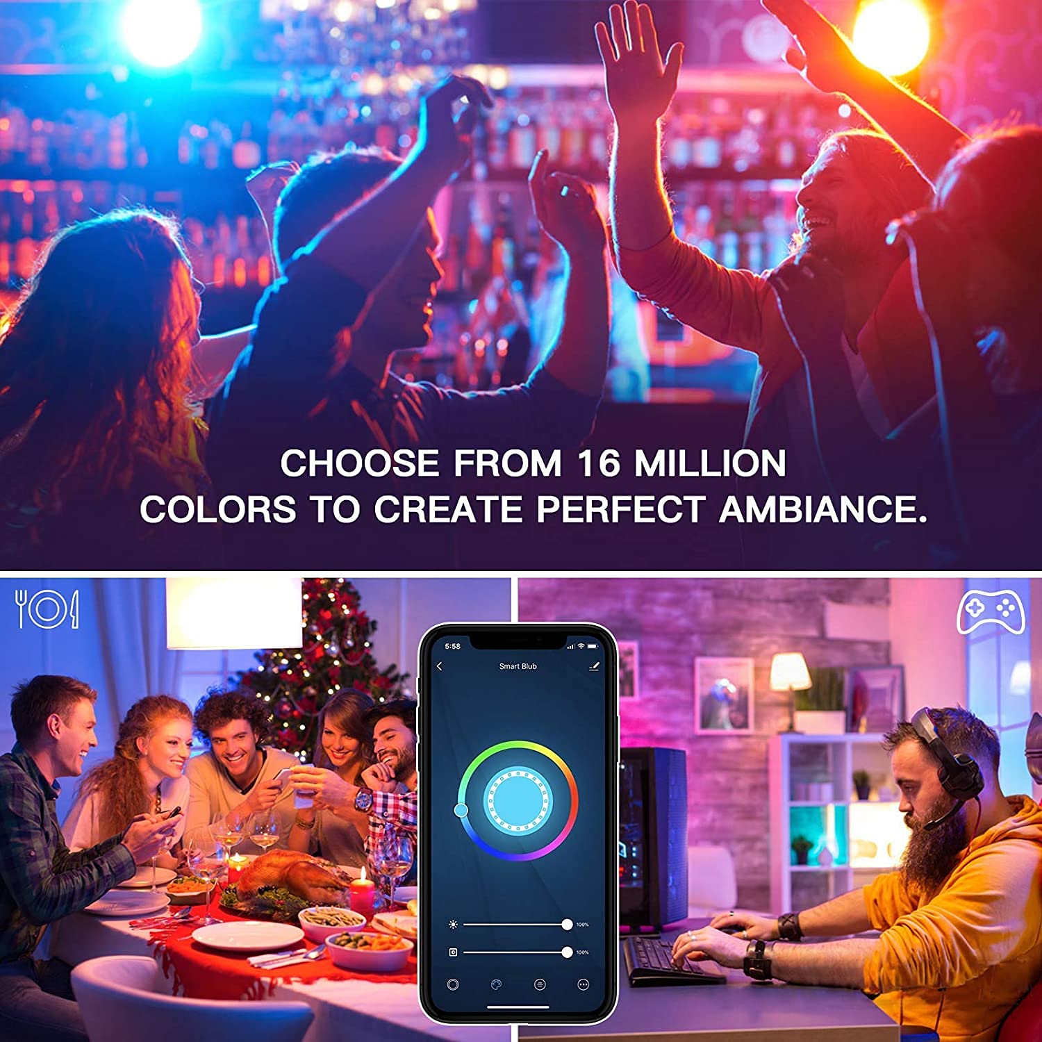 TREATLIFE Smart Light Bulbs 4 Pack, 2.4GHz Music Sync Color Changing Light Bulb, Works with Alexa Google Home, A19 E26 Dimmable LED Light Bulb 9W 800Lumen for Party Decoration, Smart Home, Multicolor