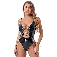 ACSUSS Womens Wetlook Patent Leather Lingerie Bodysuit Rivet String Lace-up Catsuit for Clubwear