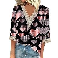 Valentines Outfits for Women 3/4 Sleeve V Neck Blouses Tops Cute Valentines Blouses for Women Fashion 2024 TD01