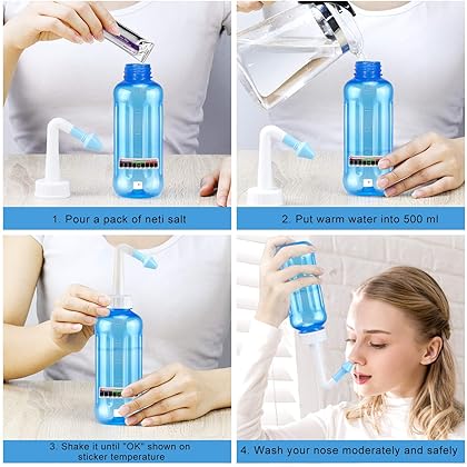 Smarbo Neti Pot, Sinus Rinse 17 Oz/500ML Bottle & 60 Salt Packets Neti-Pot with Nasal Wash Salt Packets and Sticker Thermometer Nose Cleaner Washing Bottle Nasal Irrigation for Adult & Kid BPA Free