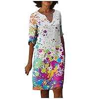Floral Dress for Women Spring Dresses 2024 Trendy V Neck Midi Dress Short Sleeve Dress Summer Elegant Dresses