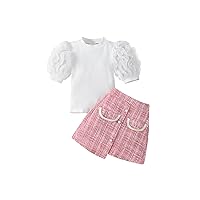 AMMENGBEI Toddler Little Girl Summer Outfits Puff Short Sleeve Tops Plaid Tweed Skirt Set Kids 2Pcs Fashion Clothes