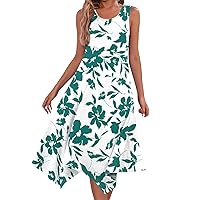 Summer Long Dresses Casual Dresses for Women Summer Floral Print Bohemian Flowy Swing with Sleeveless Round Neck Tunic Dress Dark Green X-Large