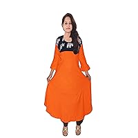 Women's Long Dress Ethnic Animal Print Cotton Tunic Orange Color Casual Frock Suit Plus Size (Small)