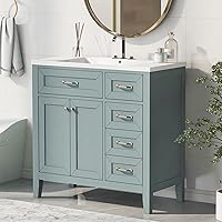 ROOMTEC 36inch Bathroom Vanity with Single Top Sink Freestanding Storage Cabinet with Drawers, Green