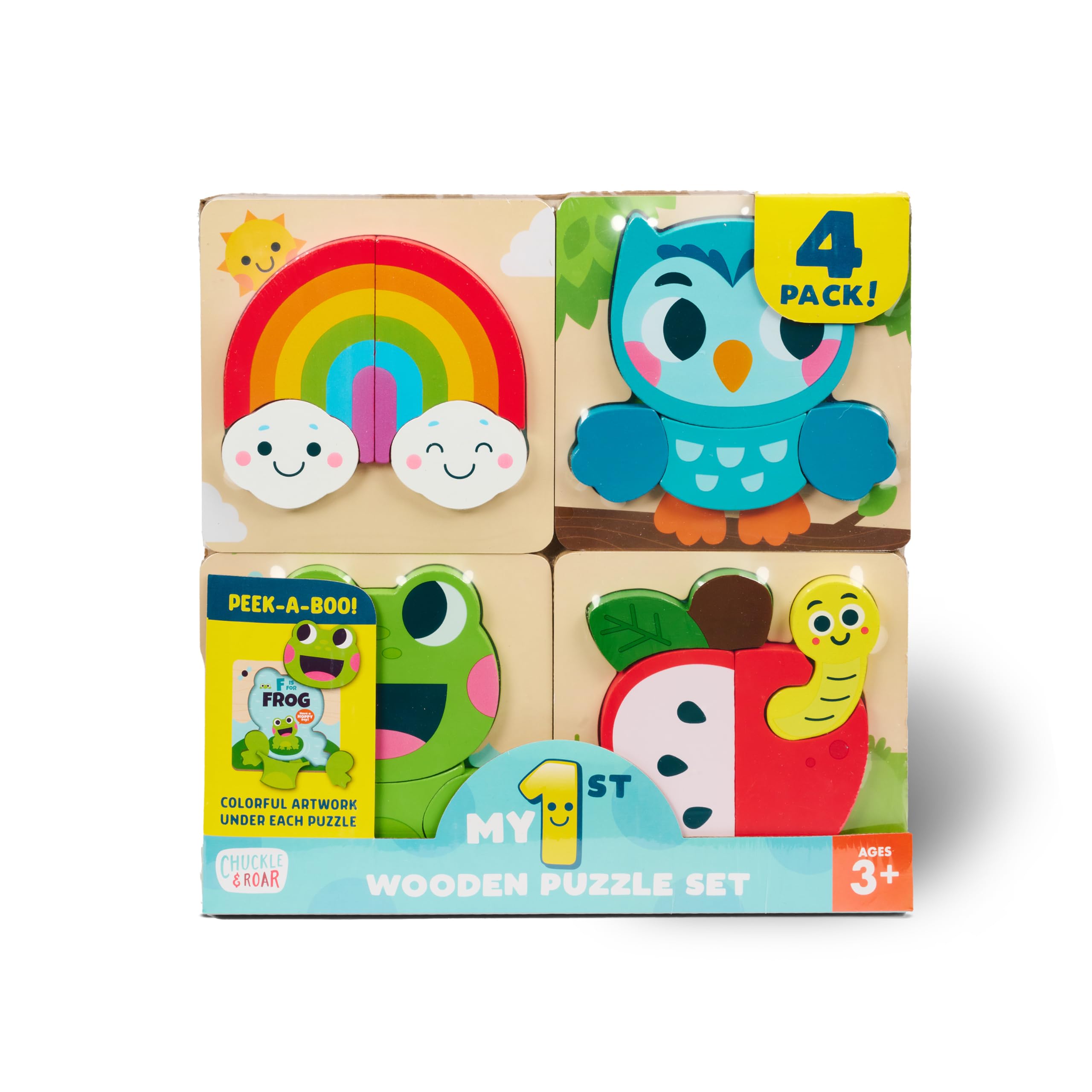 Chuckle & Roar - My 1st Wooden Puzzle Set - 4 Pack of Colorful Images - Apple, Frog, Rainbow, and Owl Characters - Educational for Preschoolers - Ages 3 and Up