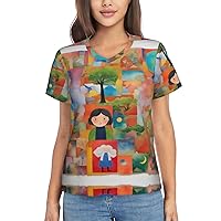 Colorful Collage Women's T Shirts V-Neck Tops,Flowy Shirts Ideal Casual Occasions,Adaptable Summer Shirts for Most Women