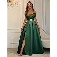 Womens Fall Fashion 2022 Off Shoulder Boxy Pleated Split Thigh Prom Dress (Color : Dark Green, Size : X-Small)