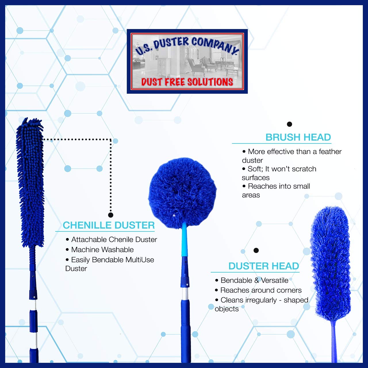 New U.S. Duster Company Triple Action High Reach Dusting Kit | Webster Cobweb Ceiling Fan Duster with 13 to 20 Foot Extension Telescope Pole | Lightweight Microfiber Cleaning Set…