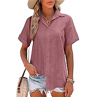 Pausus Women Cotton Linen Button Down Shirts Short Sleeve Office Collared Blouses V Neck Casual Tops Loose Fit Beach Shirts