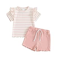 Toddler Baby Girl Summer Outfits Ribbed Knit Crewneck Short Sleeve Tops Elastic Waist Shorts Infant 2Pcs Clothes Set