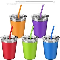 5Pack Kids Cups with Straws and Lids Spill Proof, 12oz Toddler Straw Cups with Colorful Silicone Sleeves, Unbreakable Stainless Steel Water Tumblers for Cold & Hot Drinks