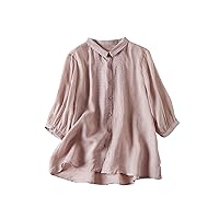 Women's Cotton Linen Embroidery Tunic Tops Button Down Blouse