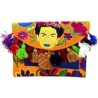 Frida Inspired Floral Embroidered Pom Fringe Slim Envelope Clutch Purse Crossbody Bag Womens Handmade Boho Accessories