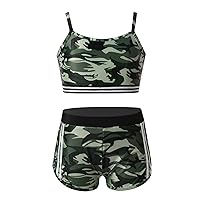 Girls 2 Pcs Gym/Dance/Swim Outfit Camouflage Straps Crop Top with Bottoms Gymnastics Leotard