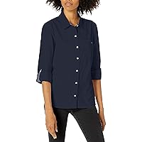 Tommy Hilfiger Women's Plus Button Collared Shirt with Adjustable Sleeves, Navy, 0X