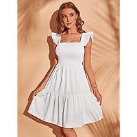2023 Women's Dresses Shirred Bodice Ruffle Hem A-line Dress Women's Dresses (Color : White, Size : X-Small)