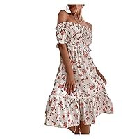 TINMIIR Women's Summer Dresses Allover Floral Square Neck Flounce Sleeve Midi A-Line Dress (Color : Multicolor, Size : Large)