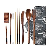 Wooden Utensil Flatware Set Reusable Utensils Travel Cutlery Set for Eating with Case, 10 Pcs Wooden Spoon and Fork Set Bamboo Flatware Set