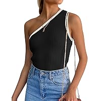 ZESICA Women's Color Block Tank Top Summer One Shoulder T Shirt Ribbed Knit Sleeveless Slim Fit Basic Tops