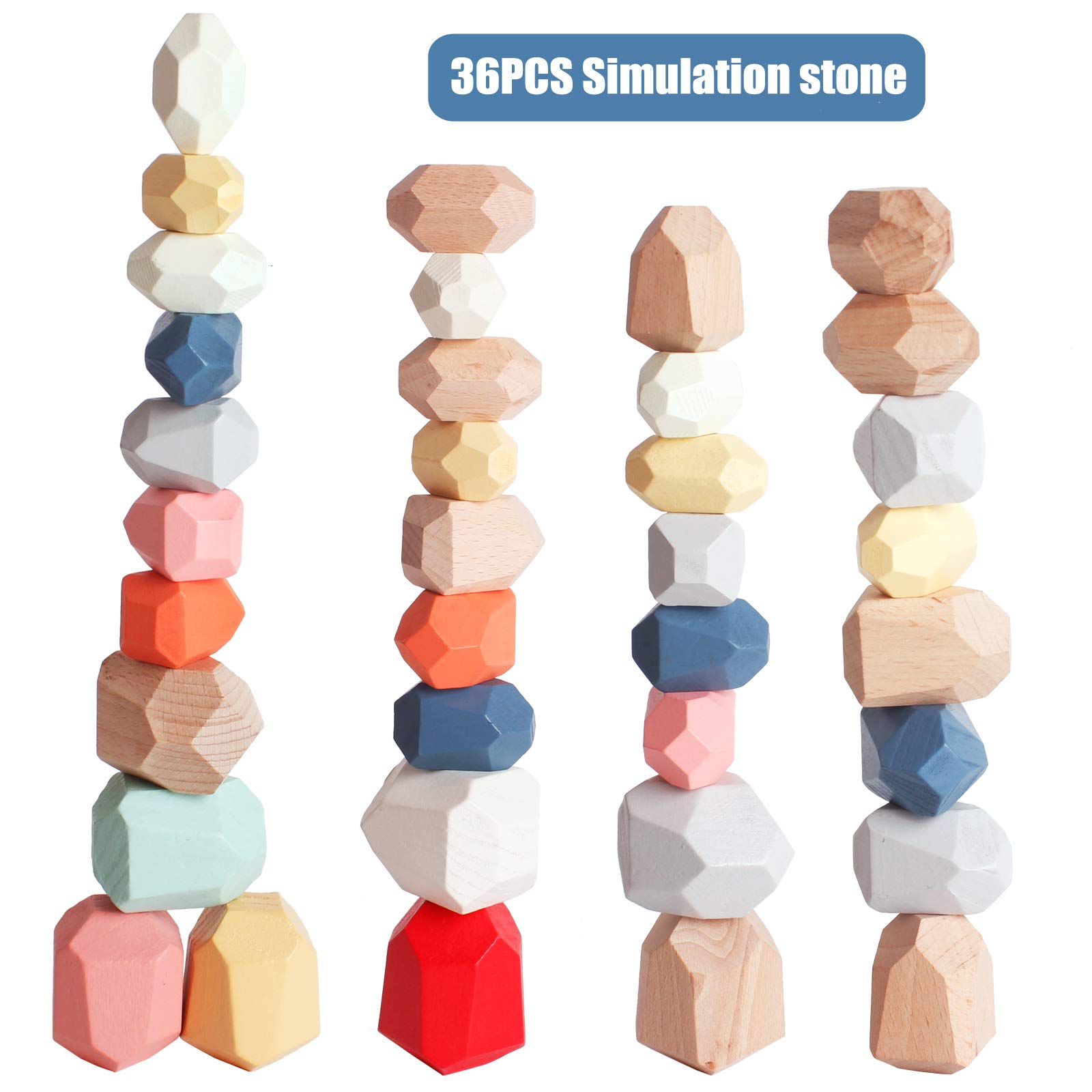 BESTAMTOY 36 PCS Wooden Sorting Stacking Rocks Stones,Safe for Ages 1+,Toddler Toys Learning Montessori Toys, Building Blocks Game for Kids 2 3 4 5 6 Years Boy and Girl Birthday Gifts for Kids