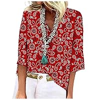 Plaid Shirts for Women, Orange Tops for Women Vacation Outfits for Women Tropical Women's 3/4 Sleeve Tshirt Women's Summer Trendy V-Neck Tops 2024 Shirt Print Slim Daily Blouse (Red,Medium)